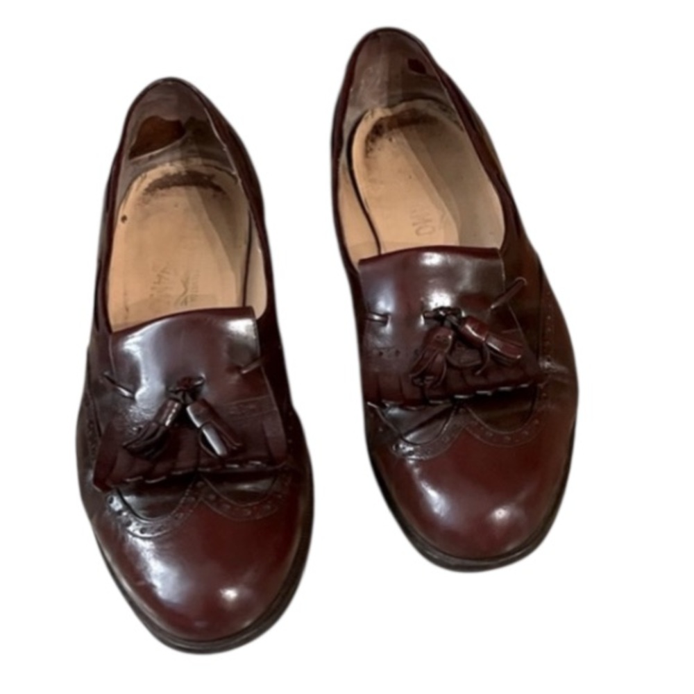 Salvatore Ferragamo Slip On Oxford Ox Blood Merlot Leather Tassel Wing Tip Shoes